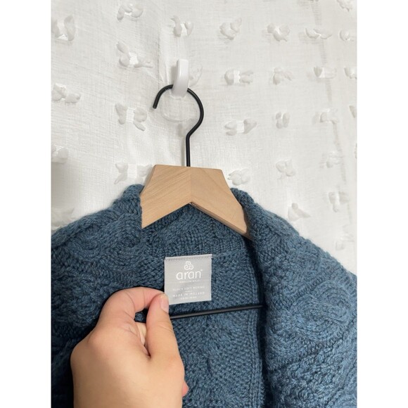Aran Woolen Mills Super Soft Merino Wool Long Cardigan Sweater Cable Knit Blue - Picture 4 of 6
